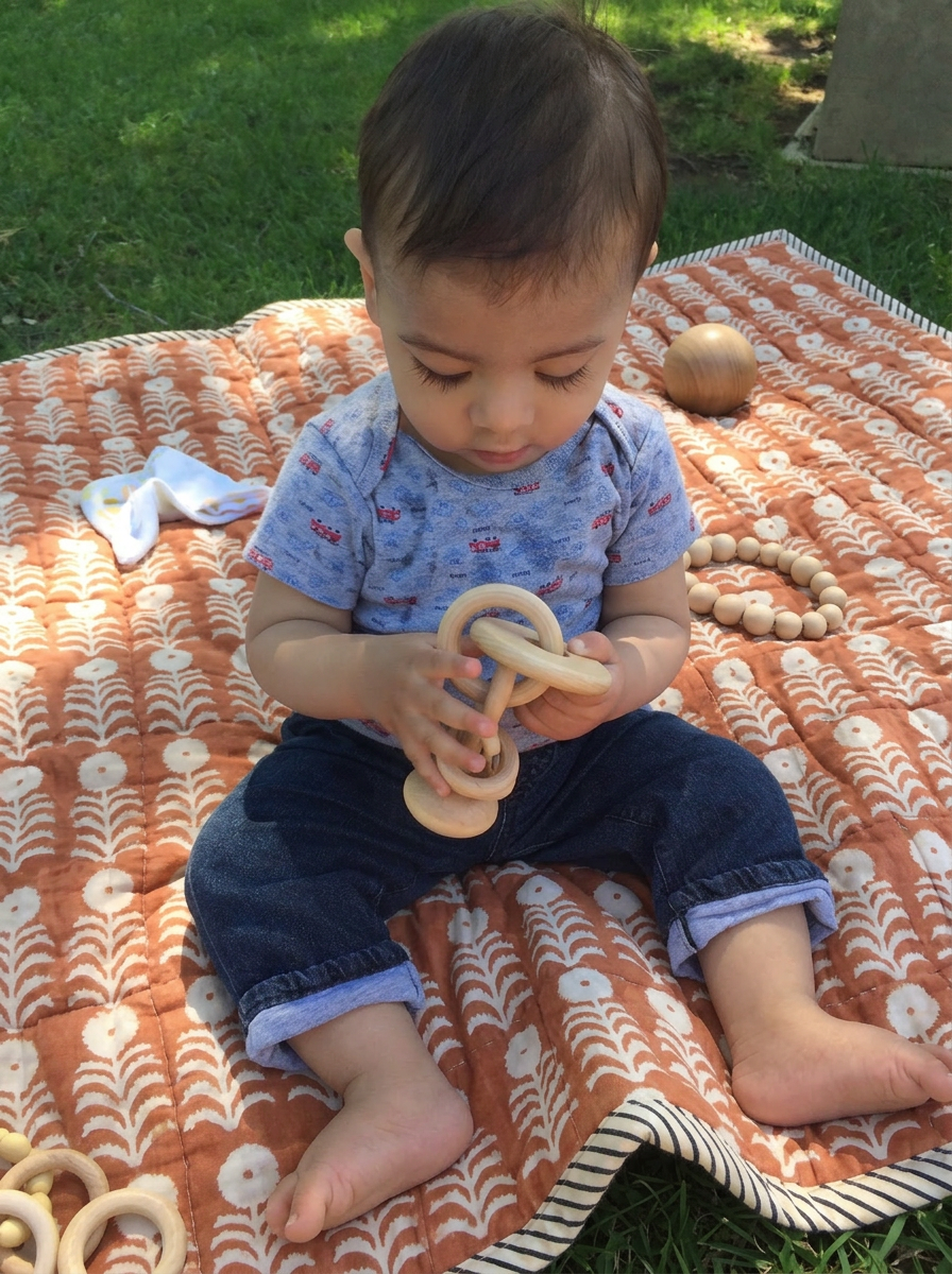Baby sitting on a terracotta quilt playing with wooden toys